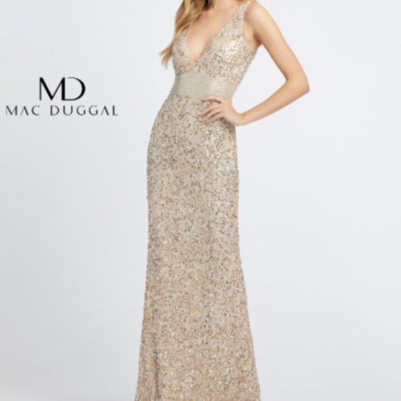 MAC DUGGAL 4930D V-NECK SEQUIN GOLD COLUMN GOWN sz 4 - Picture 1 of 8
